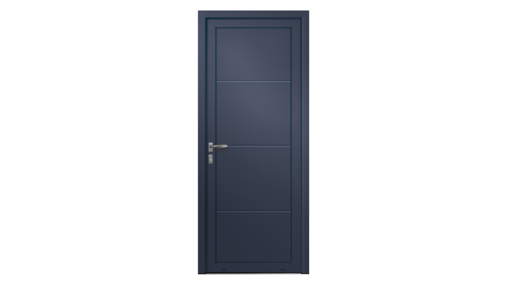 Porte d'entrée aluminium GOULAINE Porte d'entrée bleue marine avec lignes horizontales en inox